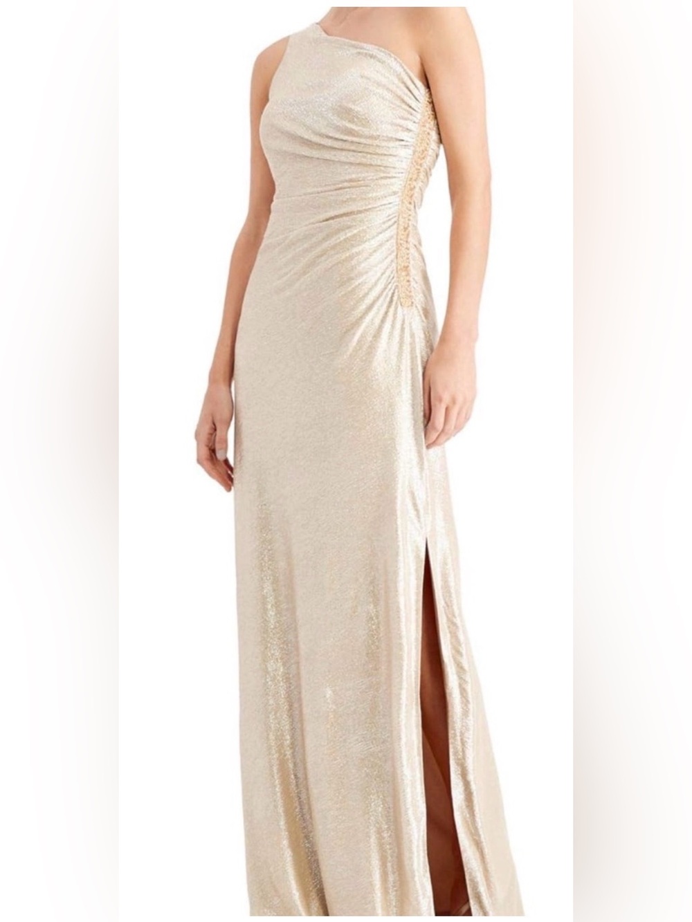 Calvin Klein Cream Metallic Maxi Skirt with Side Ruched Slit